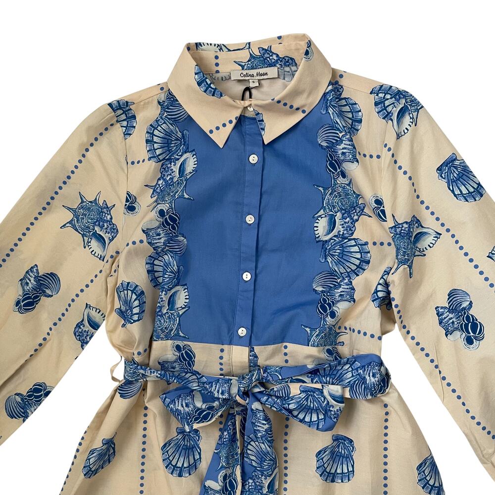 NWT Celina Moon x Anthropologie Shell Print Tie Waist Midi Shirt Dress - Size S - Picture 4 of 7